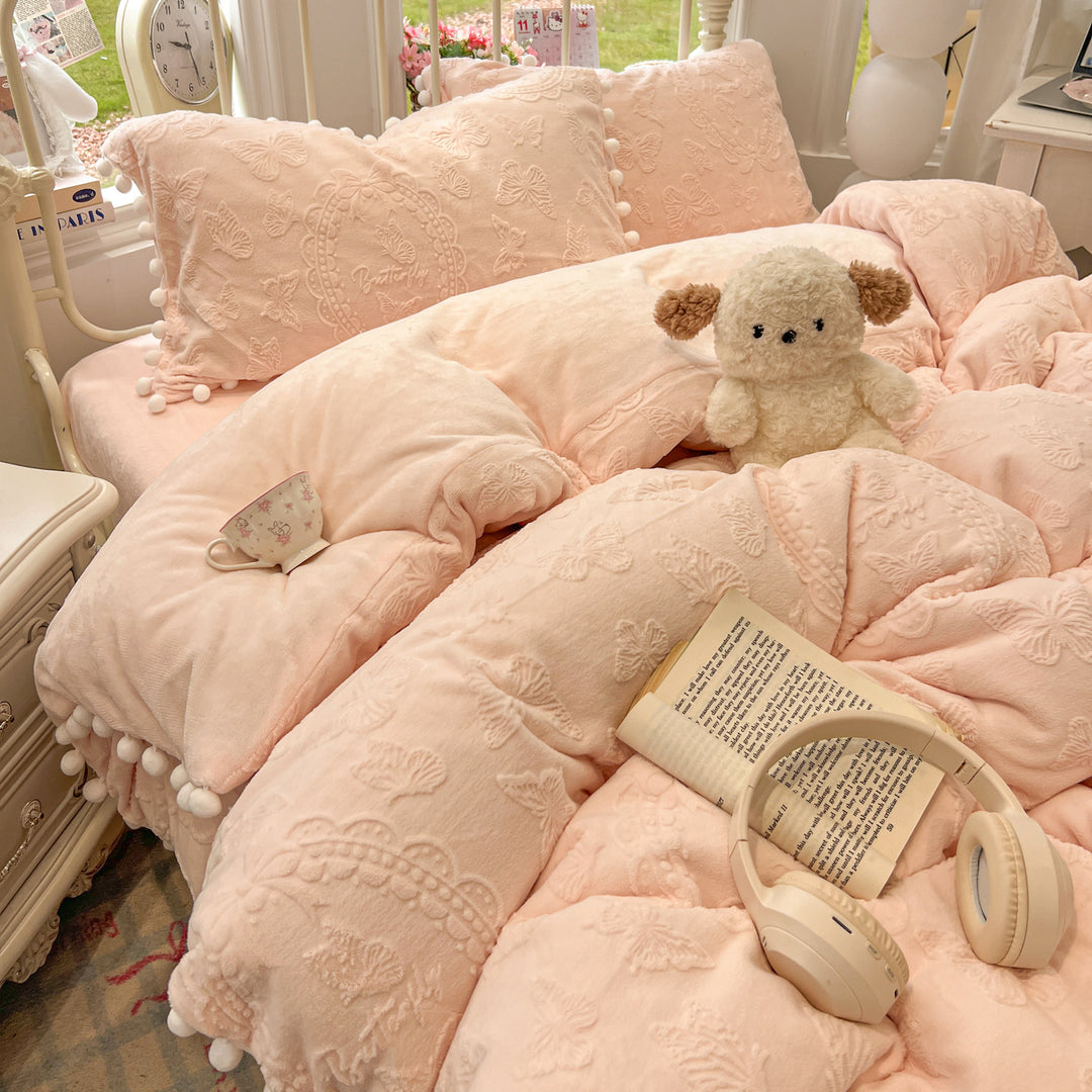 Plush Embossed Butterfly Duvet Cover Set with Pom-Pom Trim