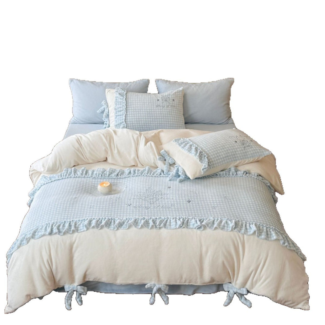 Ruffled Gingham Cotton Duvet Cover Set with Embroidered Center Panel & Tie Closures