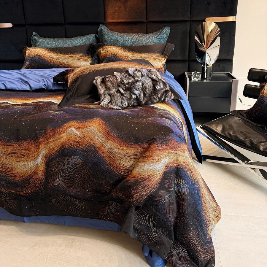 Premium Abstract Wave-Print Cotton Sateen Duvet Cover Bedding Set with Reversible Solid Back