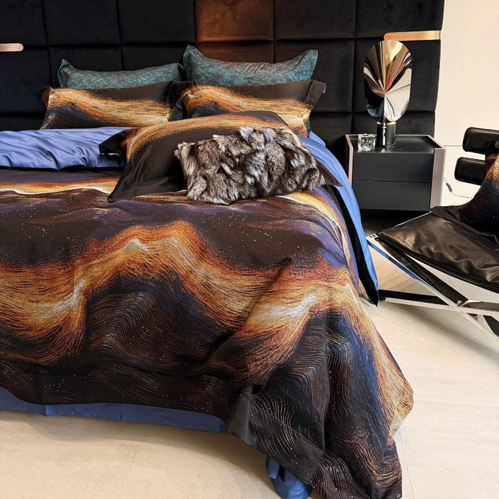 Premium Abstract Wave-Print Cotton Sateen Duvet Cover Bedding Set with Reversible Solid Back