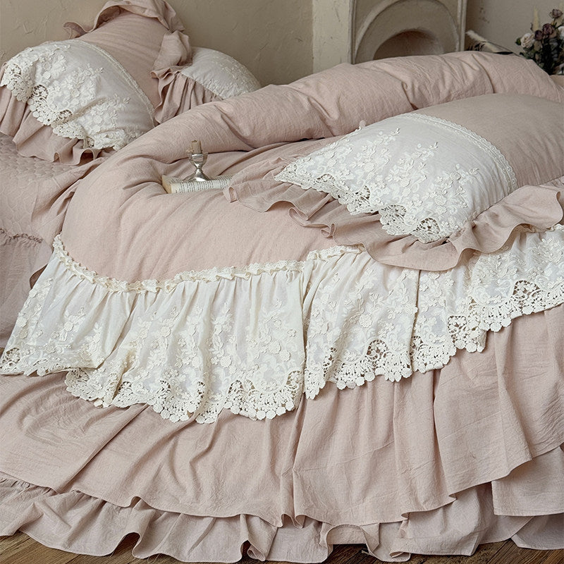 Romantic Ruffled Cotton-Linen Duvet Cover Set with Layered Lace Appliqué