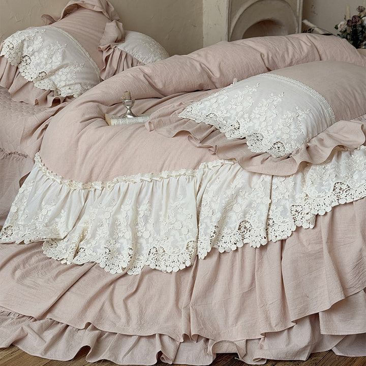 Romantic Ruffled Cotton-Linen Duvet Cover Set with Layered Lace Appliqué
