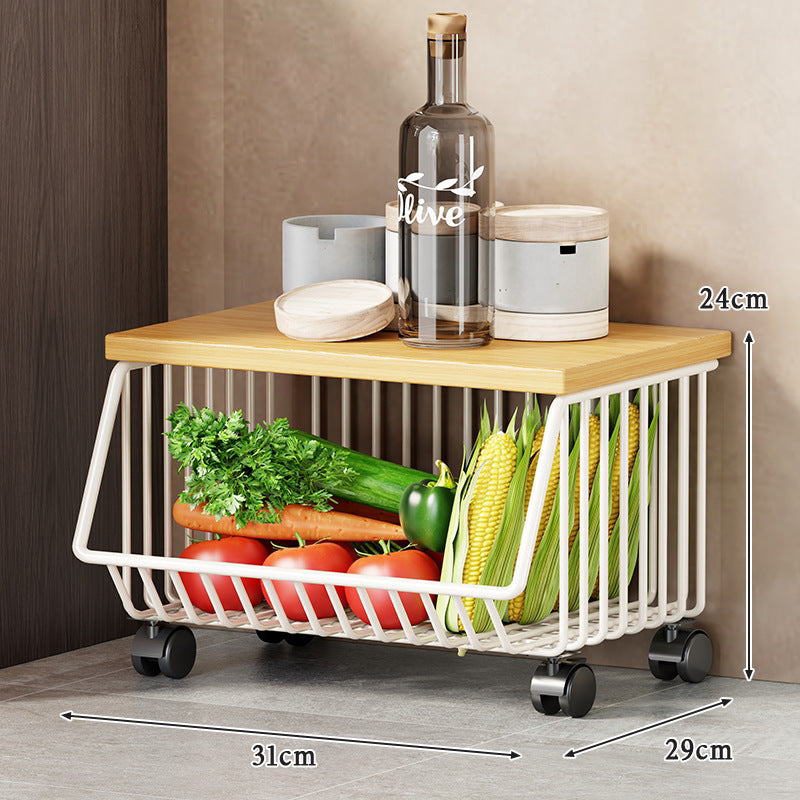 Vertical Five-Tier Rolling Kitchen Produce Storage Cart with Wooden Top and Pull-Out Wire Baskets