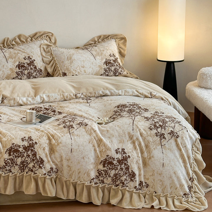 Floral Embroidered Ruffled Velvet-Trim Duvet Cover Set