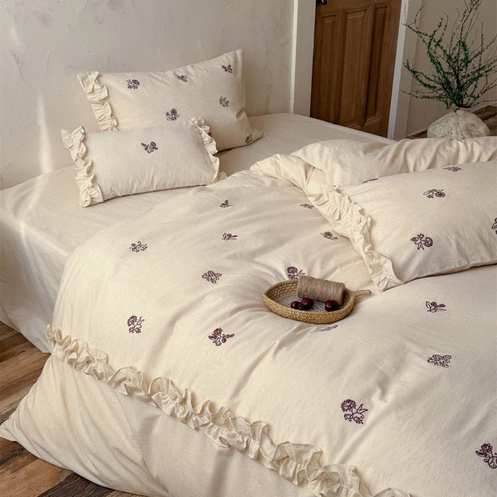 Botanical Embroidered Ruffled Cotton-Linen Duvet Cover Set with Frilled Pillow Shams