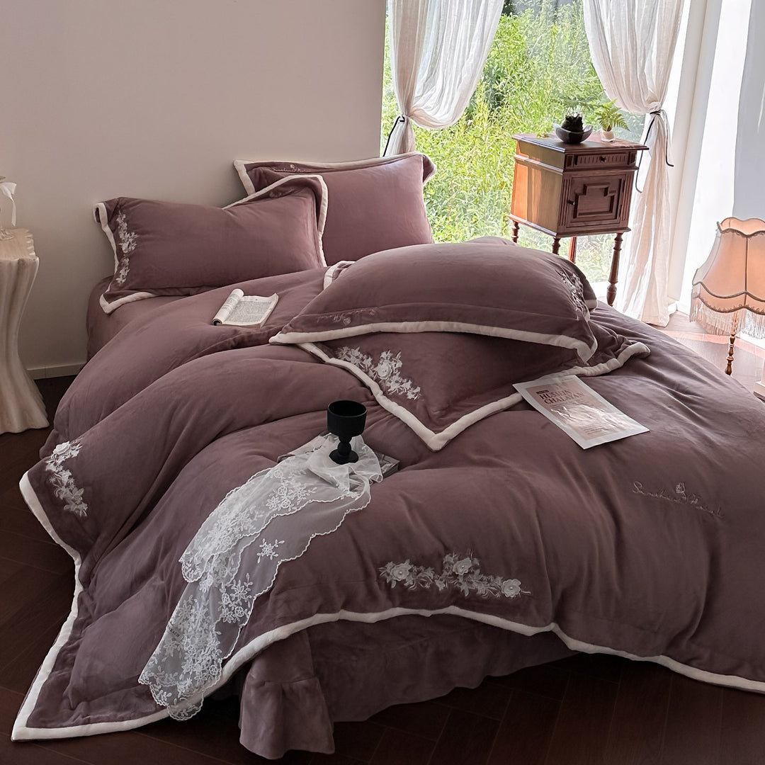 Luxury Embroidered Velvet Duvet Cover Set with Ruffle Skirt and Pillow Shams