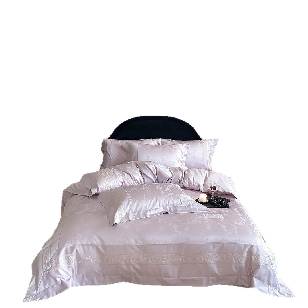 Fine satin bedding set with tonal floral jacquard and fine embroidered border