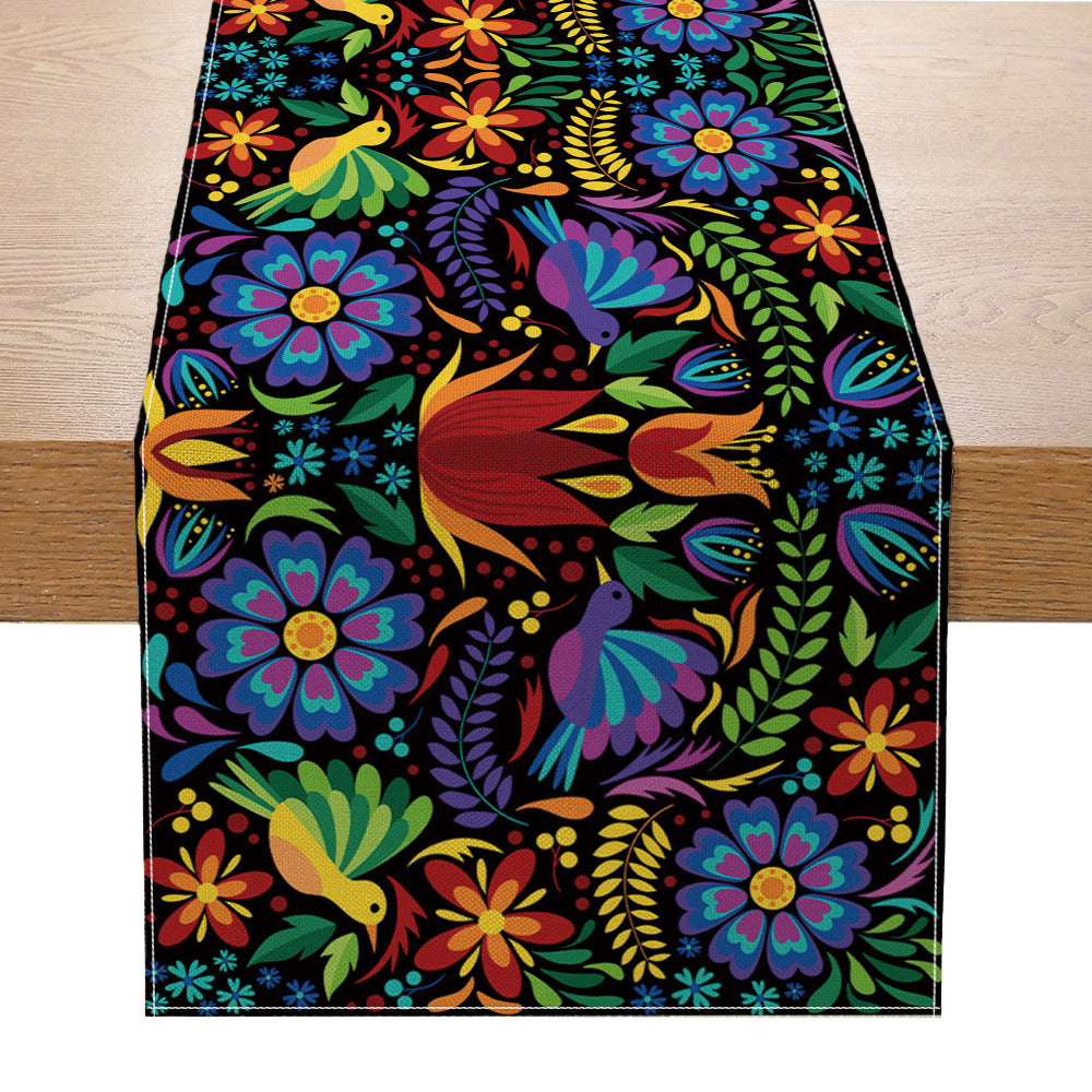 Folk Floral Table Runner Cotton-Blend Decorative Table Linen