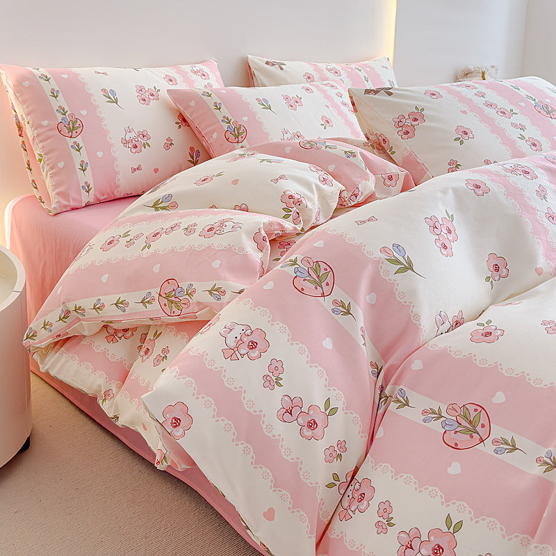 Rose-Print Cotton Sateen Duvet Cover Ensemble with Hypoallergenic Down-Alternative Comforter
