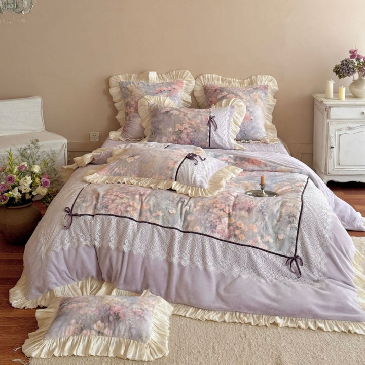 Vintage Romantic Ruffled Floral Quilted Comforter Set with Lace Overlay & Satin Ruffle Shams