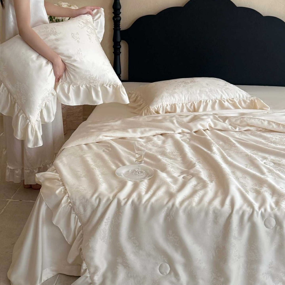 Luxury Satin Ruffled Duvet Cover Set with Jacquard Floral Weave