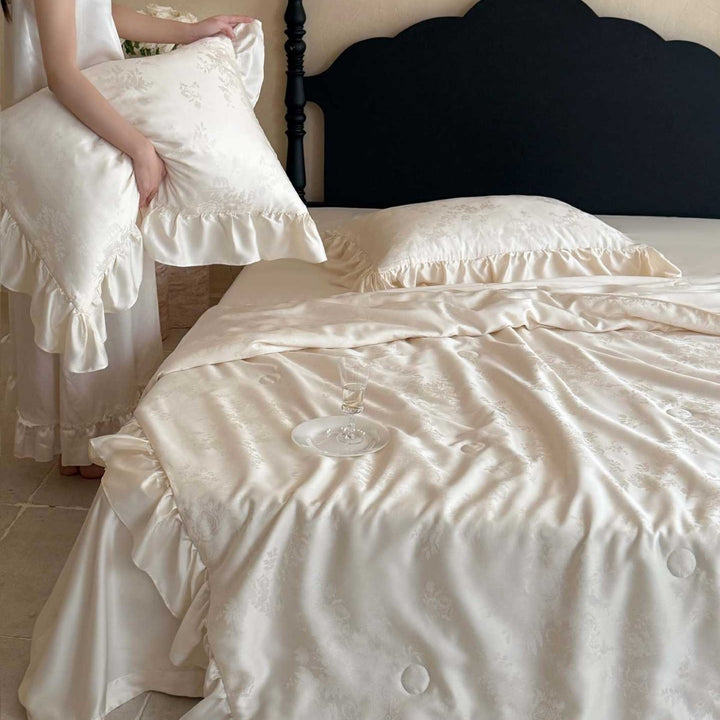 Luxury Satin Ruffled Duvet Cover Set with Jacquard Floral Weave