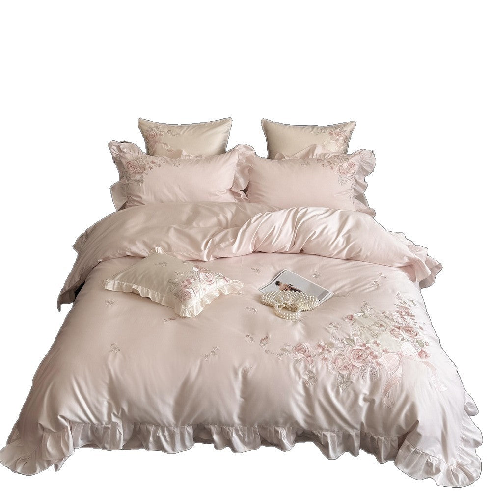 Romantic satin bed linen set with richly embroidered rose border and frill