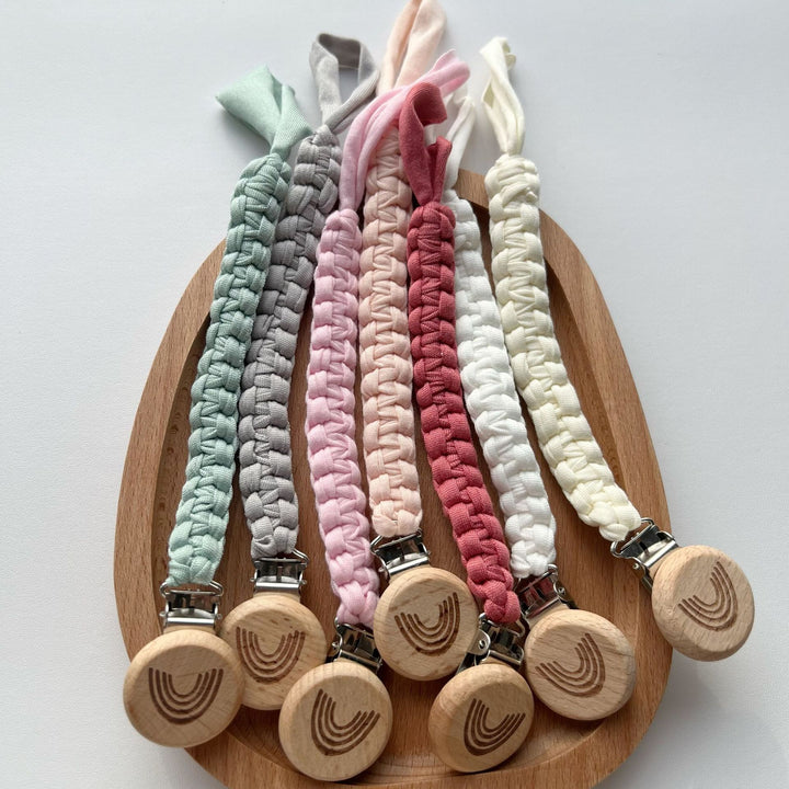 Braided Cotton Pacifier Lanyard with Engraved Wooden Safety Clip