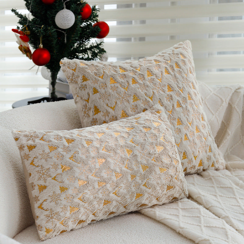 Square Christmas pillowcase made of velvet with deer, Christmas tree, and snowflake design Stornfield