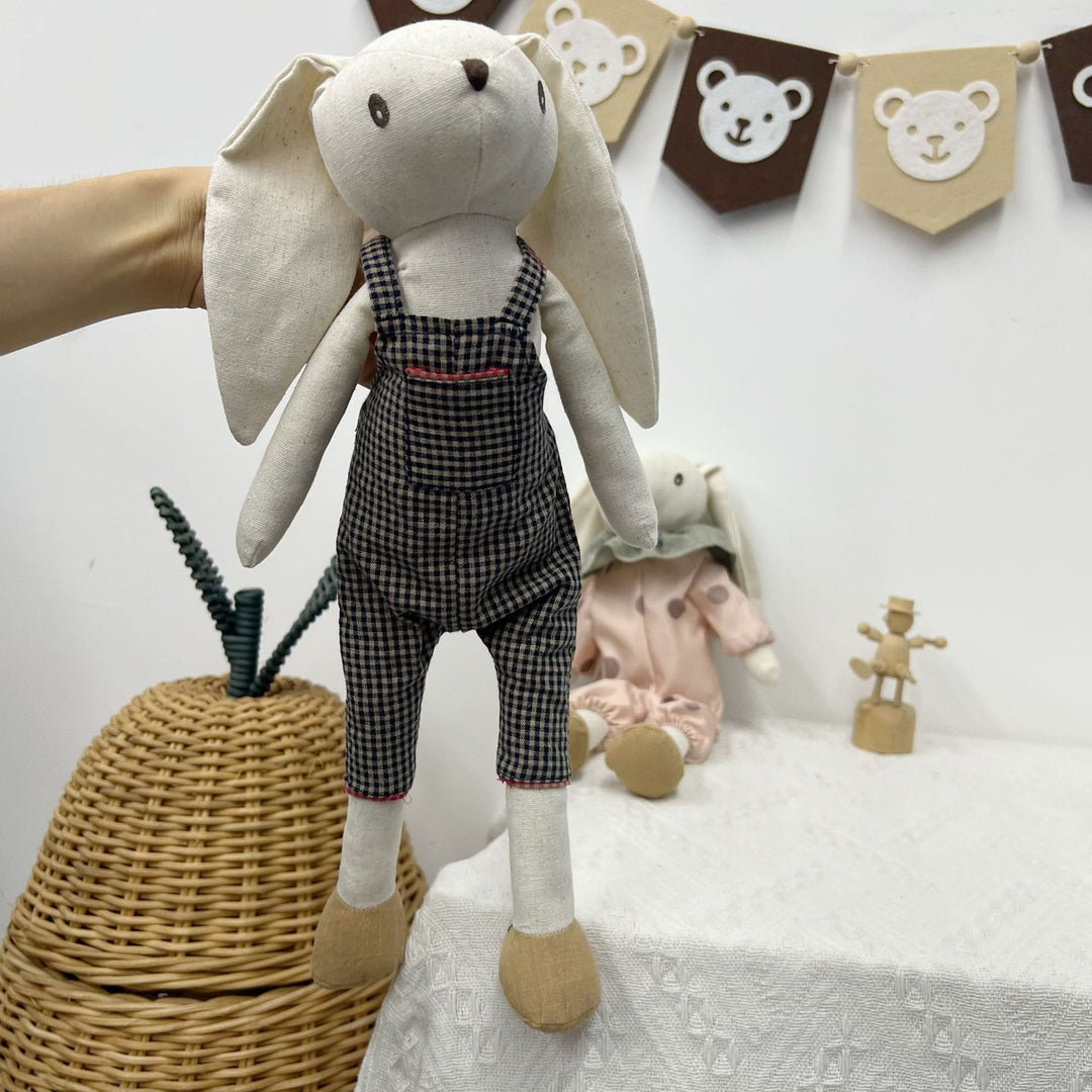 Soft Vintage-Style Long-Eared Fabric Bunny Doll in Checked Overalls