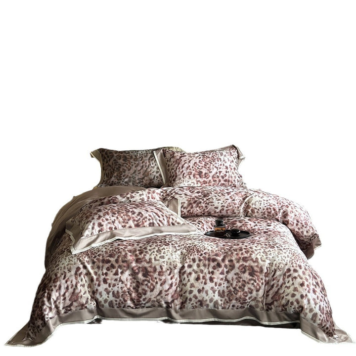 Reversible Satin-Trim Leopard-Print Duvet Cover Bedding Set with Pillow Shams