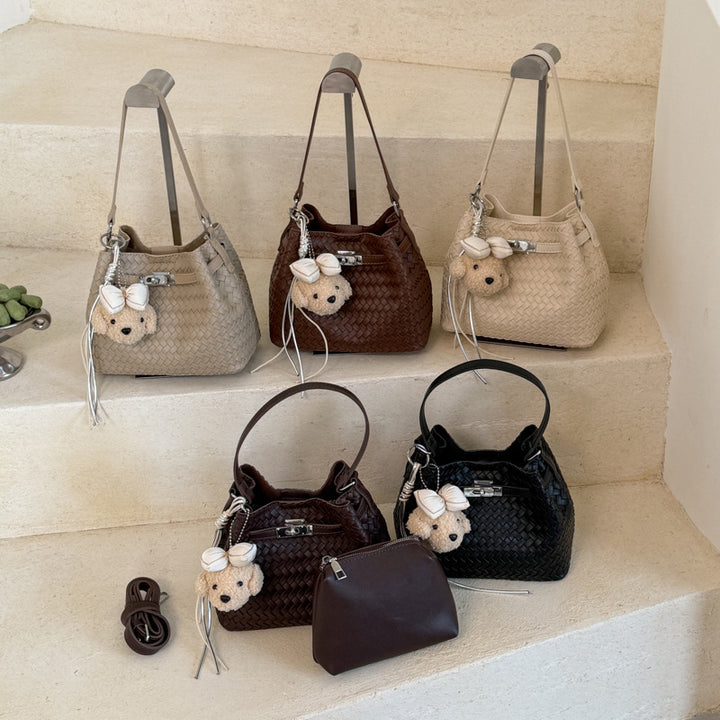 Woven Leather Bucket Tote Bag