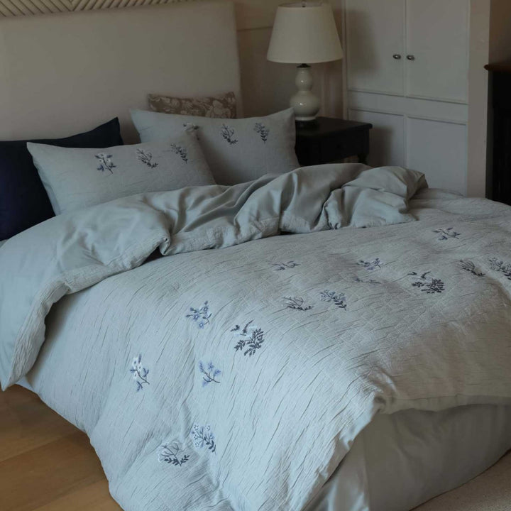Embroidered Botanical Linen-Texture Duvet Cover Set with Quilted Stitching and Oxford Shams