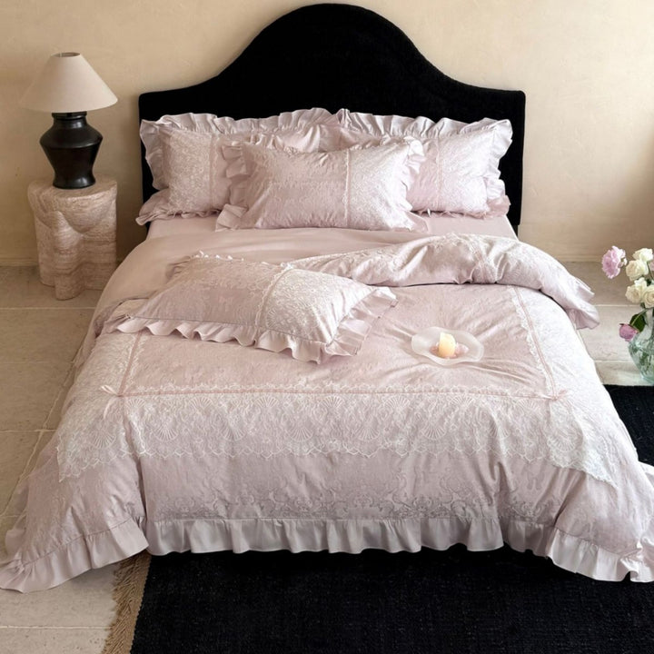 French-Style Jacquard Damask Duvet Cover Ensemble with Ruffle Hem & Lace Appliqué