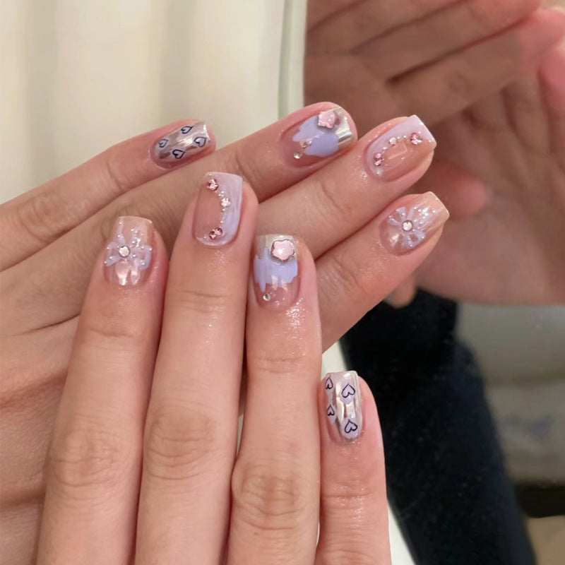 Artistic Press-On Nail Set with Floral and Heart Designs Stornfield