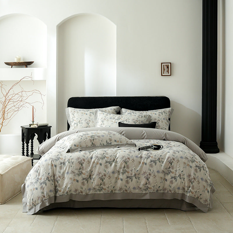 Botanical-Print Washed Cotton Duvet Cover Set with Contrast Hem and Oxford Border Pillowcases
