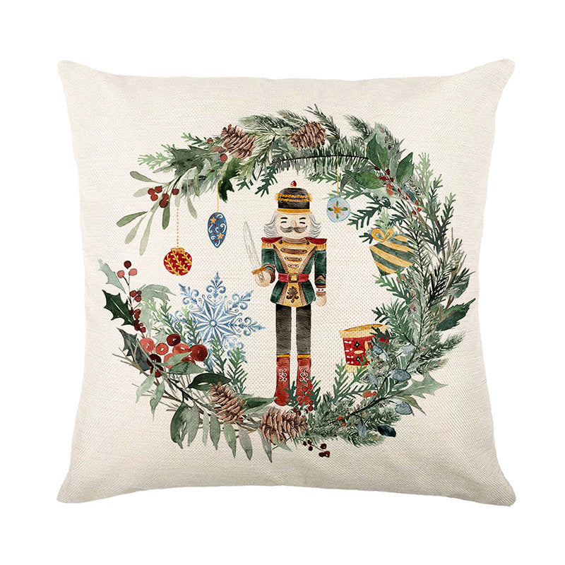 Festive Christmas Nutcracker Wreath Cotton-Linen Throw Pillow Cover with Hidden Zipper