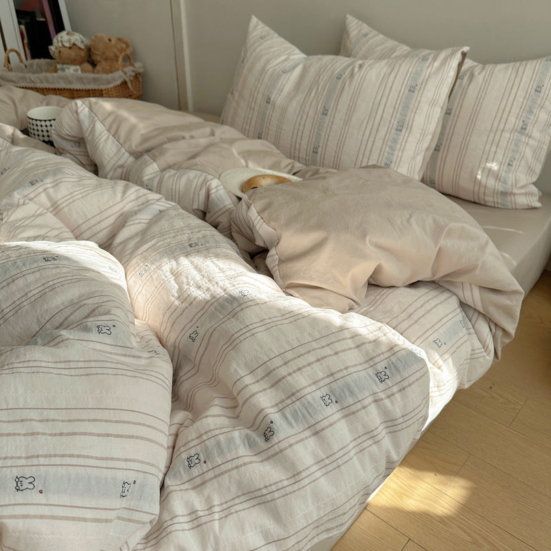 Cotton Washed Stripe Duvet Cover Set with Mini Bear Motif Pillow Shams