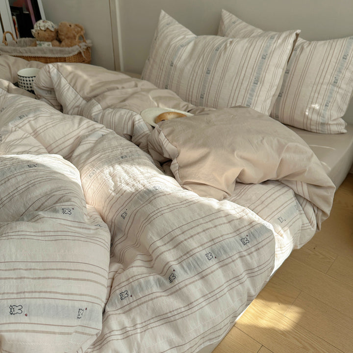 Cotton Washed Stripe Duvet Cover Set with Mini Bear Motif Pillow Shams