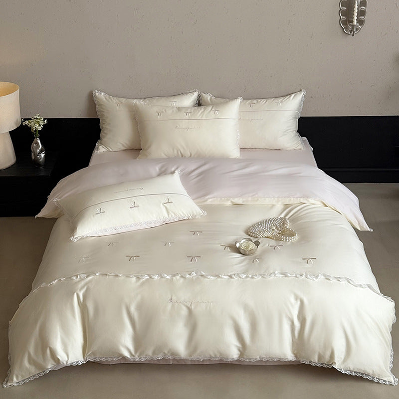 Brushed Sateen Duvet Cover Set with Mini Bow Embroidery and Ruffled Lace Trim