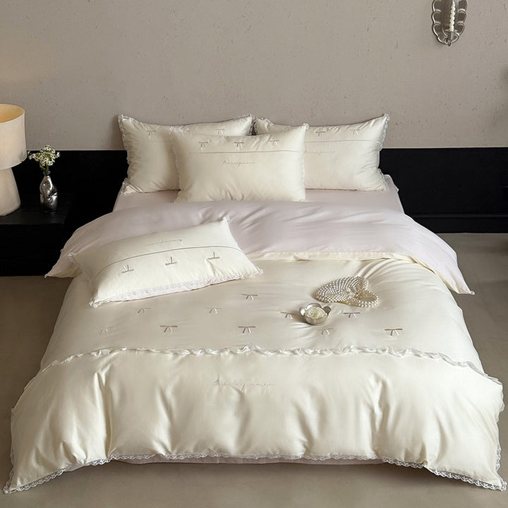 Brushed Sateen Duvet Cover Set with Mini Bow Embroidery and Ruffled Lace Trim