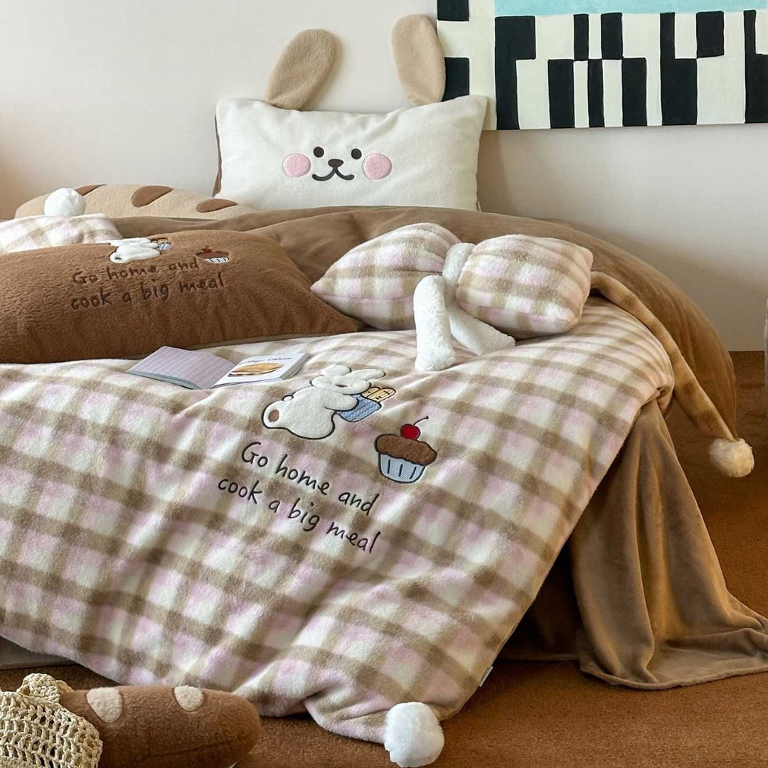Plaid Plush Reversible Bedspread Set with Teddy Appliqué & Pom-Pom Corners