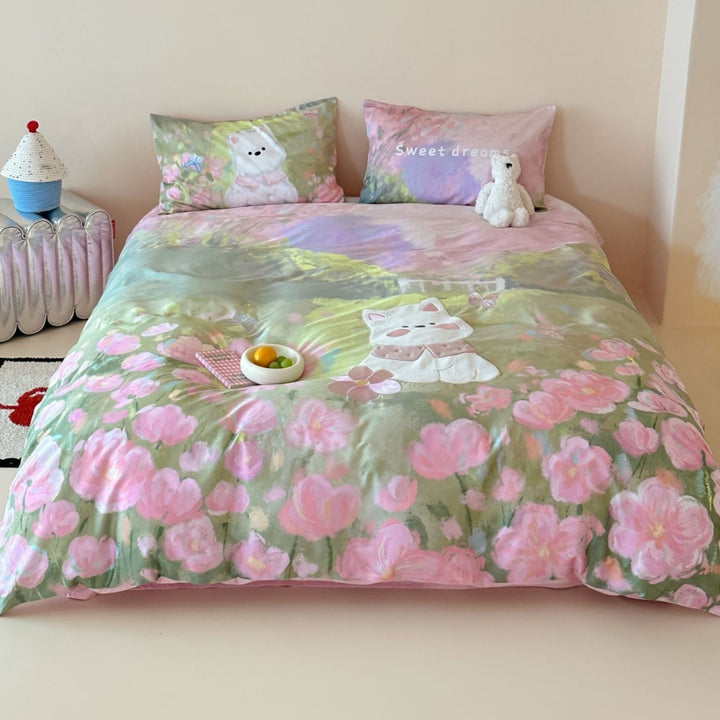 Floral Watercolor Cat Appliqué Duvet Cover Bedding Set with Reversible Pillowcases