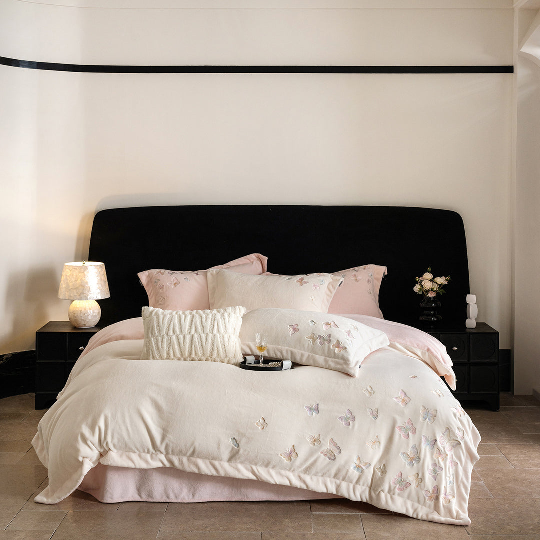 Embroidered Pastel Butterfly Washed Cotton-Linen Duvet Cover Ensemble