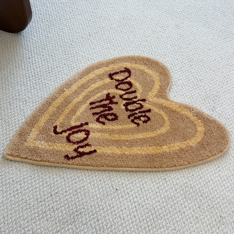 Heart-Shaped Plush Accent Floor Rug with Embroidered Slogan