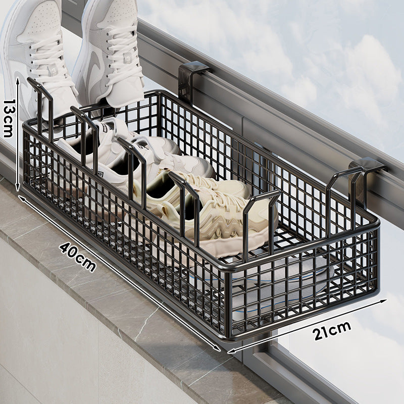 Window-Rail Hanging Shoe Storage Basket with Ventilated Grid and Adjustable Clamp Hooks