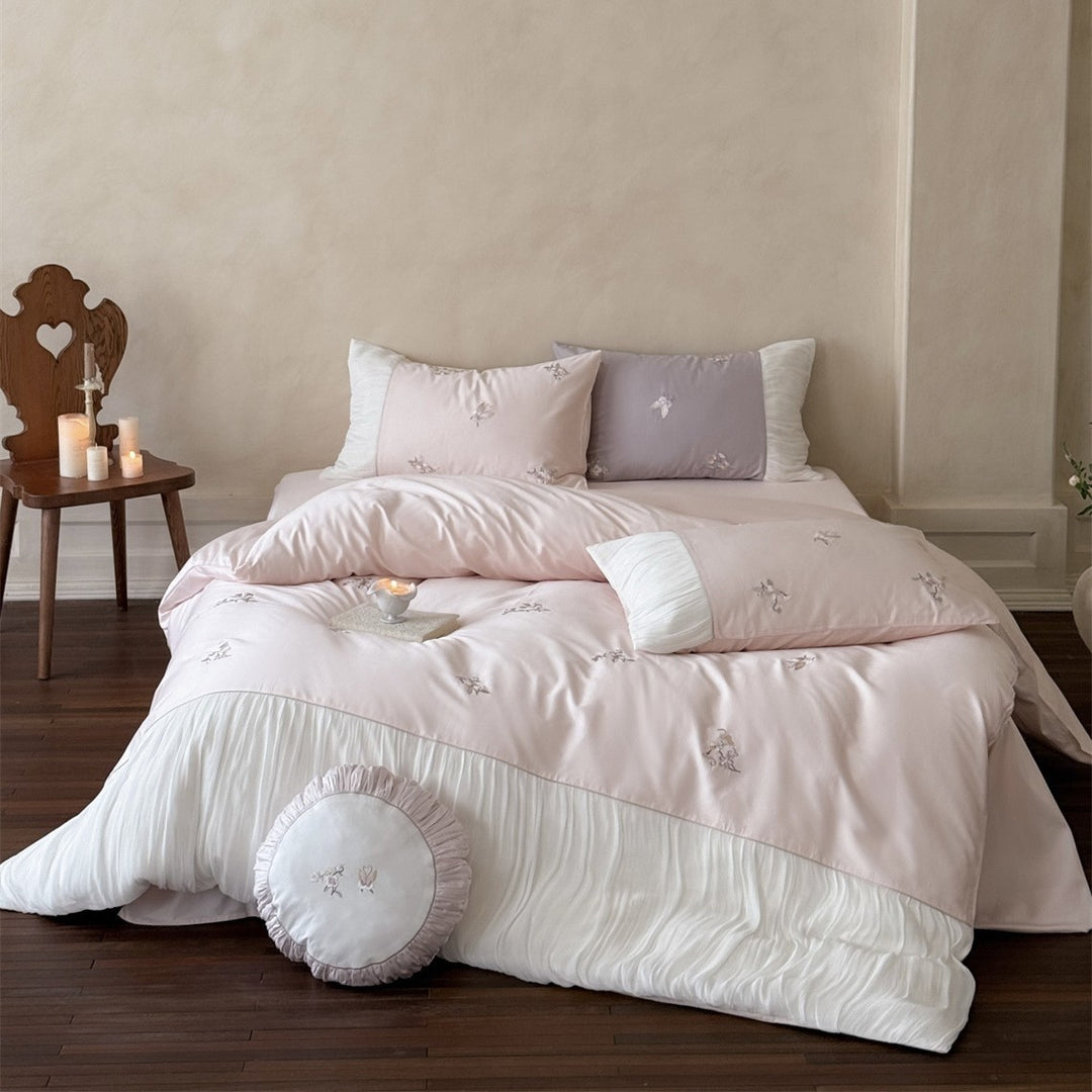 Embroidered Romantic Pleated Cotton-Sateen Duvet Cover Set