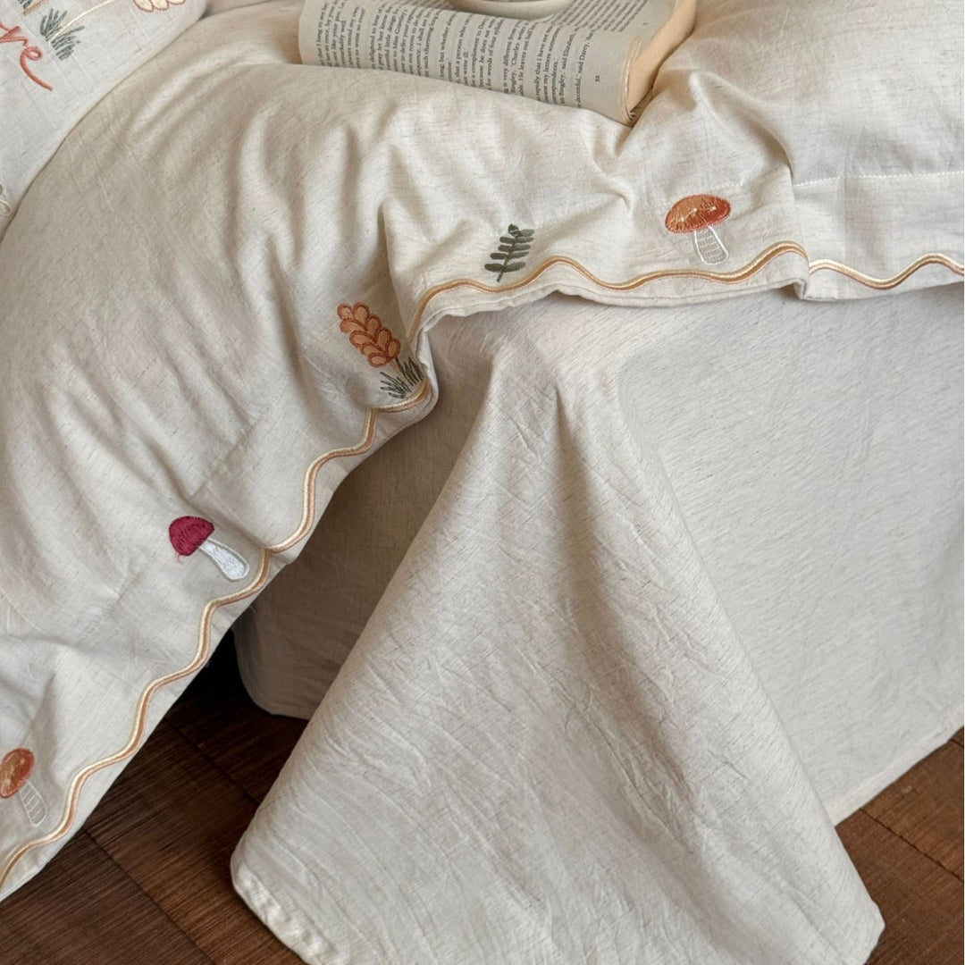 Embroidered Cotton Duvet Cover Bedding Set with Ruffled Edges