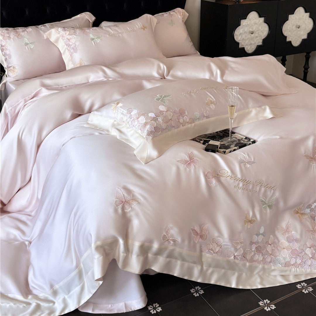 Silky Satin Embroidered Butterfly Duvet Cover & Pillow Sham Set