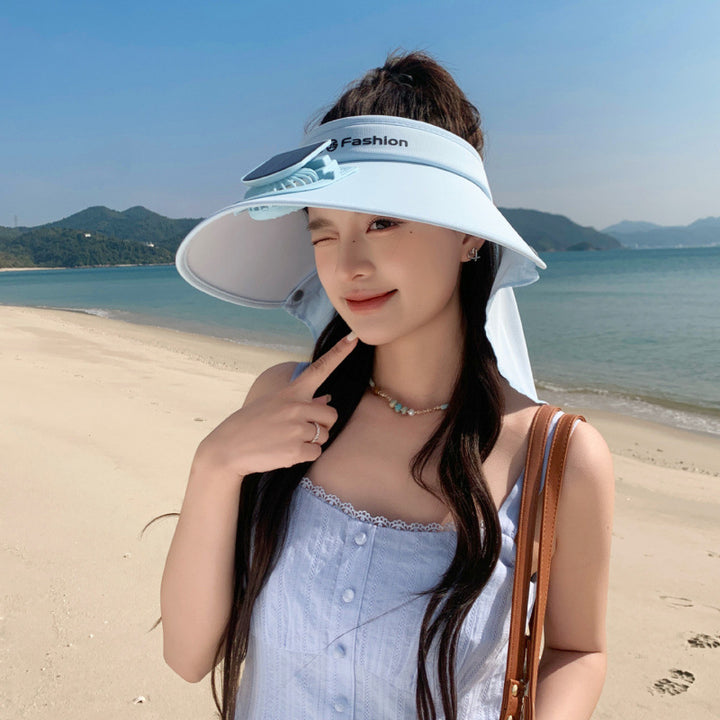 Visor with integrated solar fan, solar module, and neck protection Stornfield