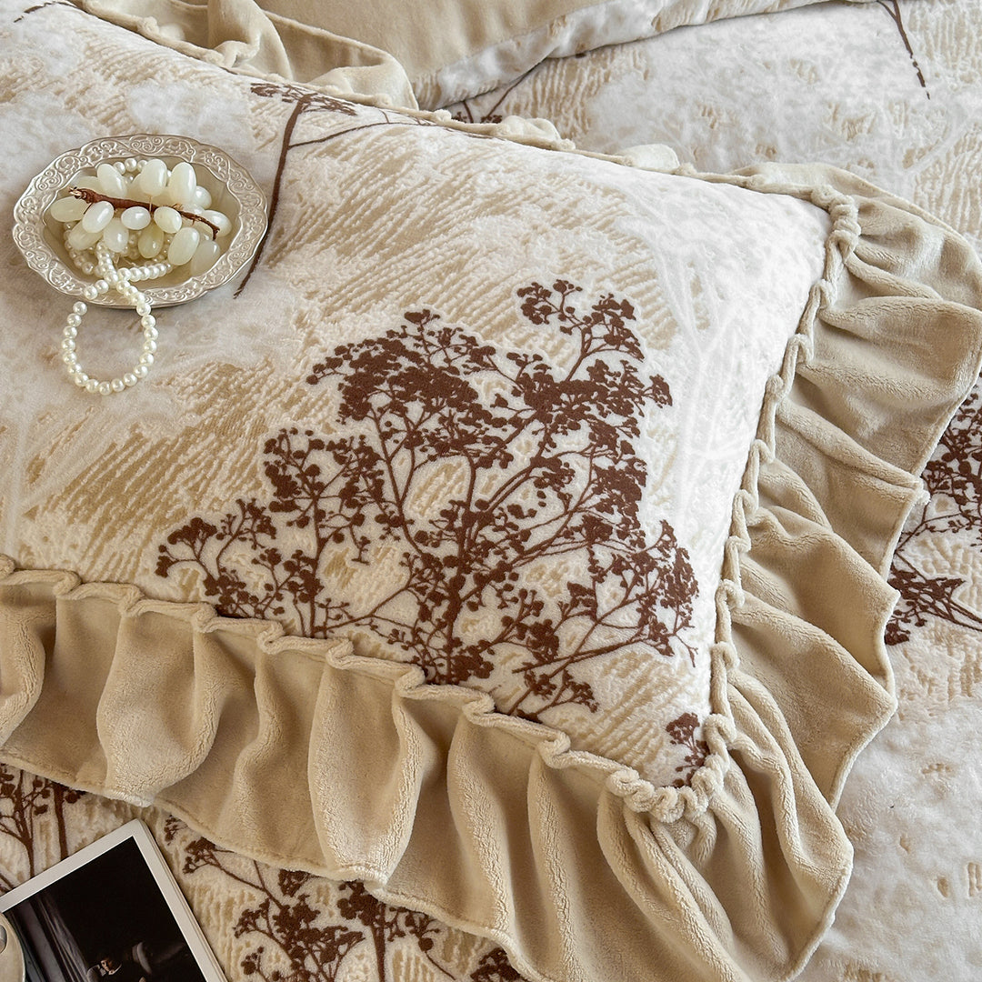 Floral Embroidered Ruffled Velvet-Trim Duvet Cover Set