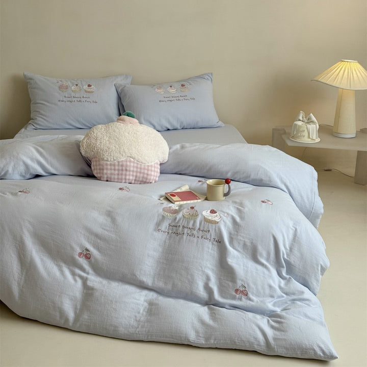Embroidered Cupcake and Cherry Cotton Sateen Duvet Cover Set with Pillow Shams