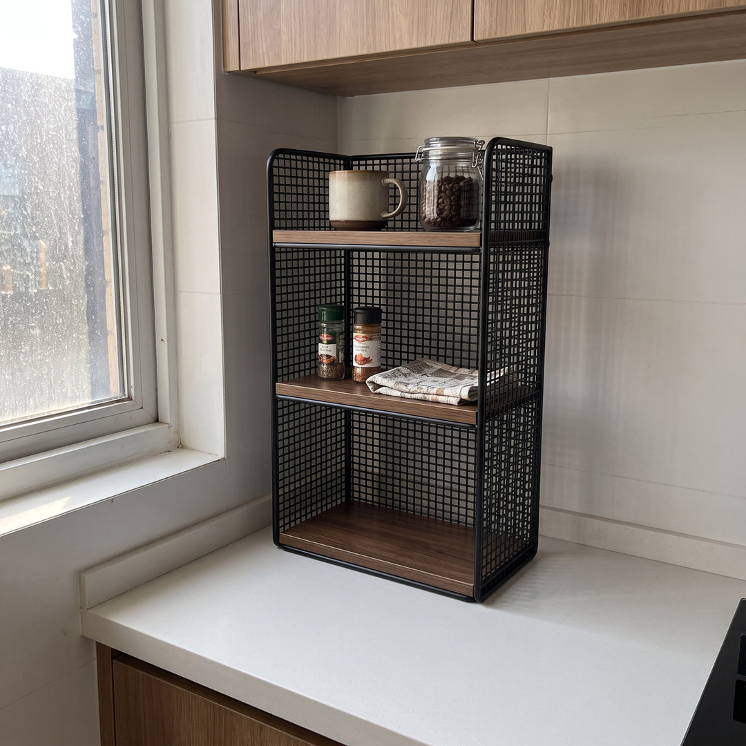 Compact Vertical Two-Tier Metal Grid Desktop Bookshelf Organizer with Solid Wood Shelves