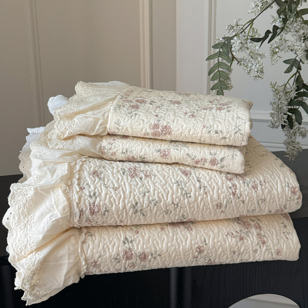 Quilted Ruffled Eyelet Lace Bedspread with Matching Frilled Pillow Shams