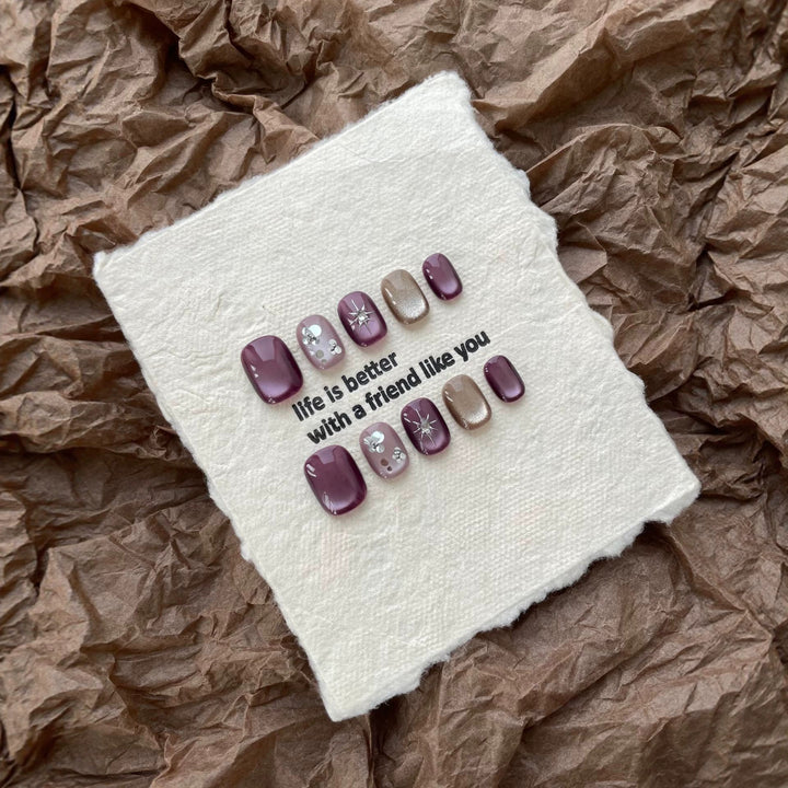 Artistic Press-On Nail Art Set with Decorative Gem Accents