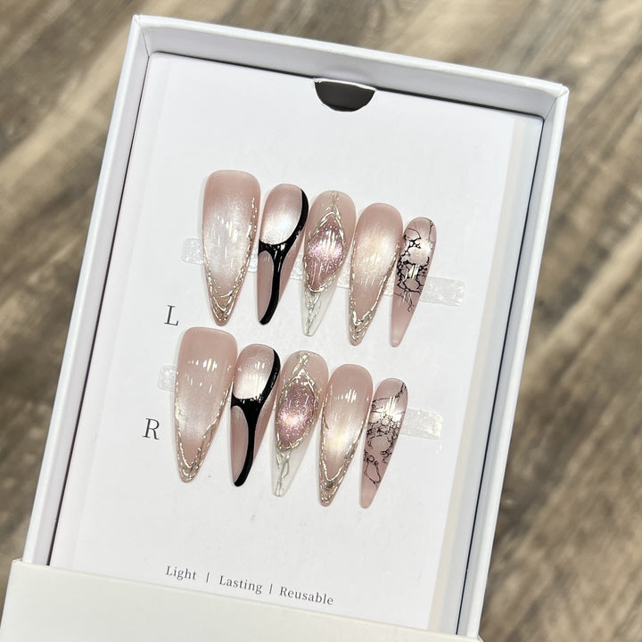 Artistic Stiletto Press-On Nail Set with Unique Marble Design Stornfield