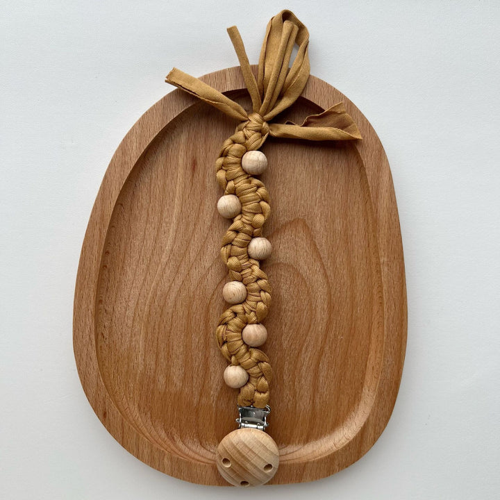 Macrame Boho Wooden-Bead Pacifier Holder Clip with Metal Safety Clamp