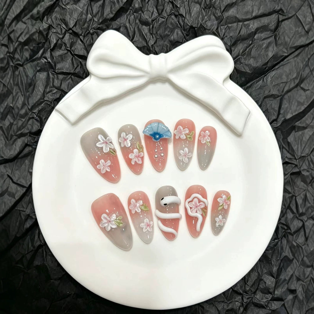 Decorative Press-On Nail Art Set with Floral and Umbrella Accents
