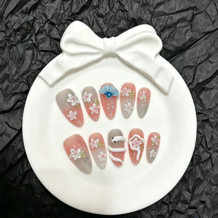 Decorative Press-On Nail Art Set with Floral and Umbrella Accents