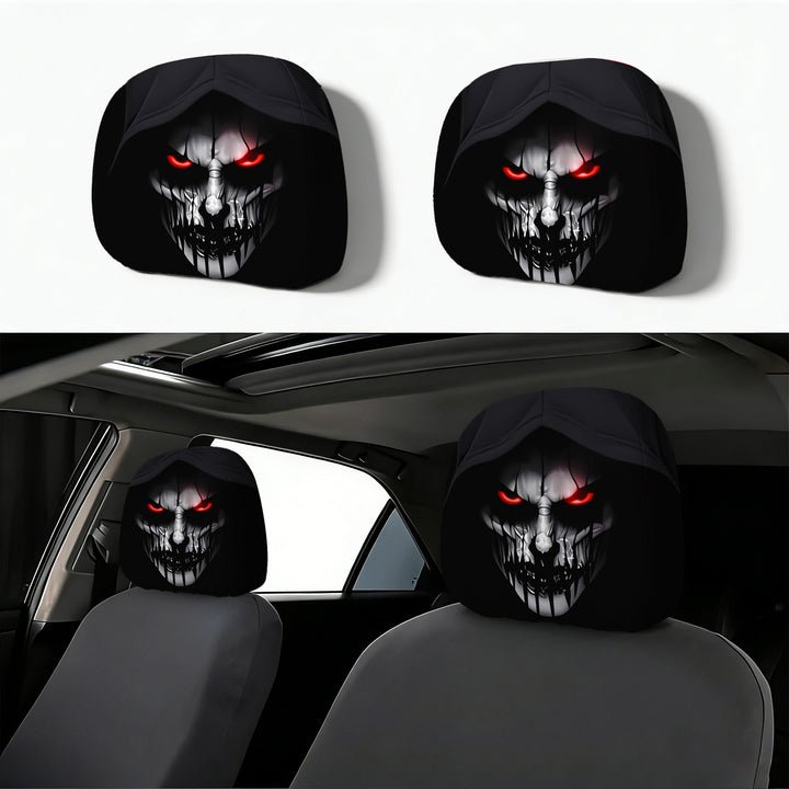 Car headrest cover with retro horror motif